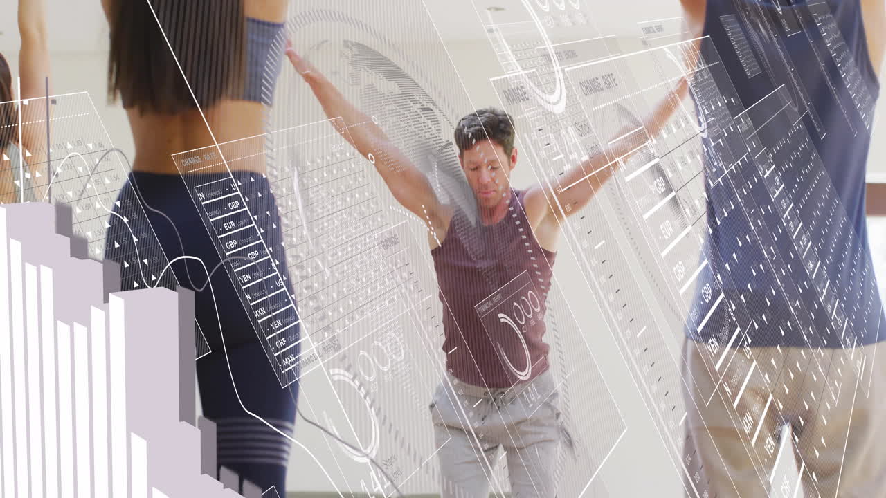 Fitness partners performing routine in bright studio, with holographic currency charts projecting