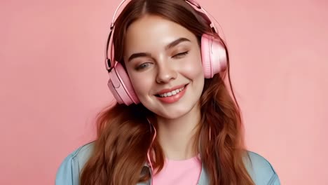 a woman wearing pink headphones on a pink background