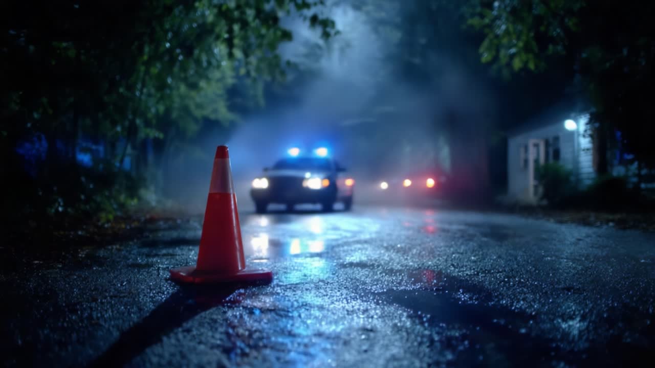 A Tense Evening Encounter with Law Enforcement in a Foggy, Rain-Drenched Setting: A Police Car Approaches While Traffic Cones Guard the Road