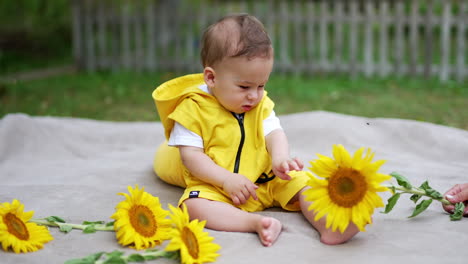 one year old toddler sitting outside is busy with a lace on his clothes. female hand shoves a sunflower to the kid but he doesn't want it. blurred backdrop.