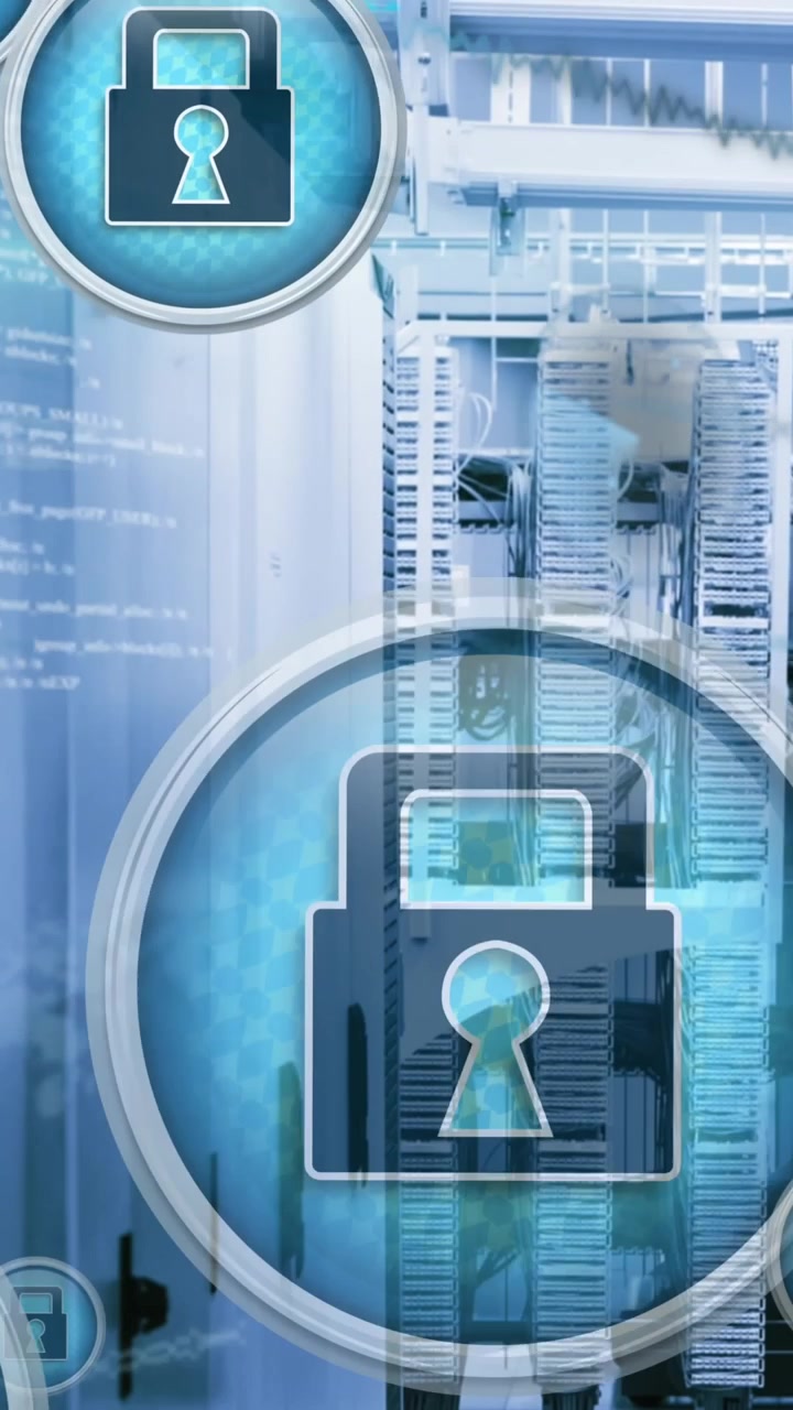 Animation of multiple security padlock icons floating against data processing over server room