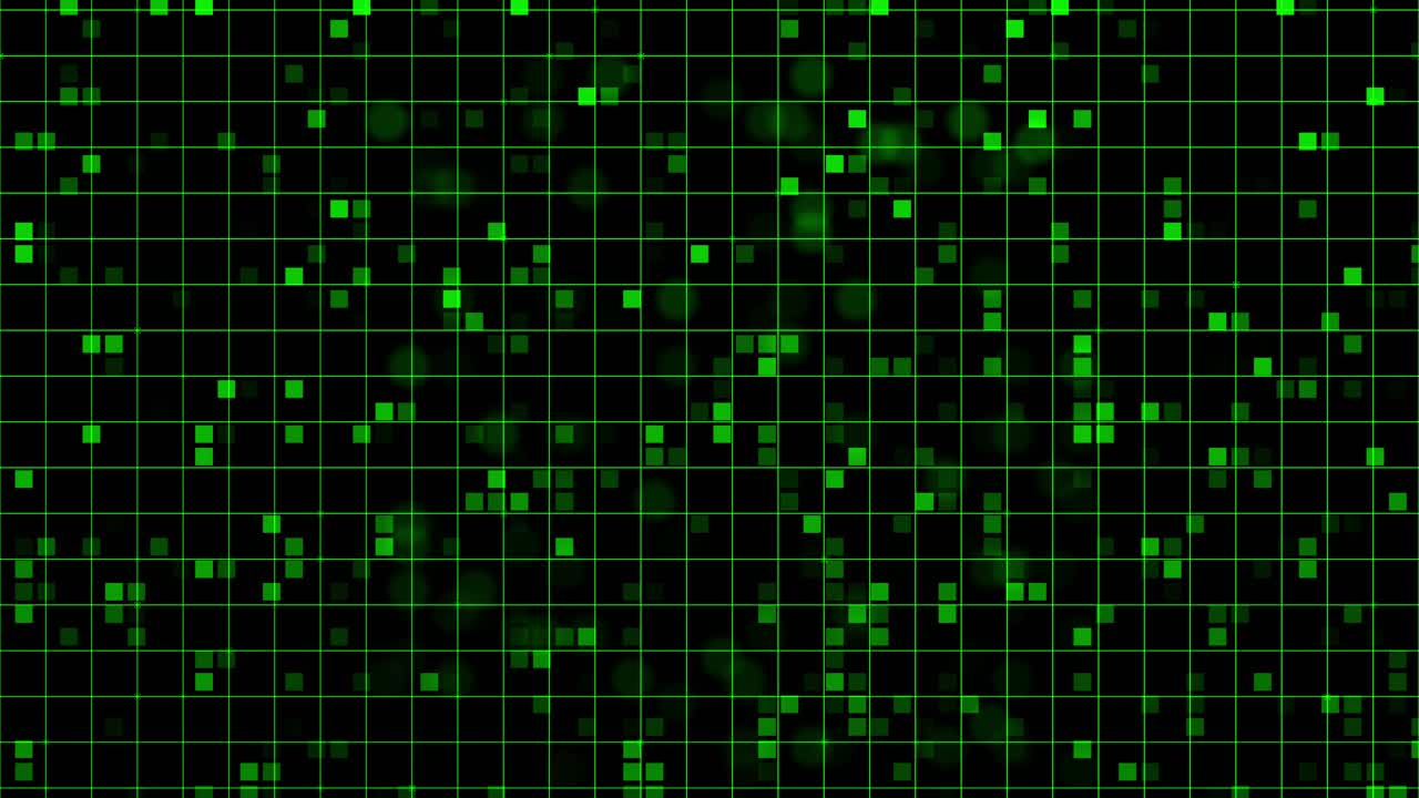 Green Sqaures in Seamless Loop, Electric Circuit Signal with Illuminating Light Effect on Grid Background