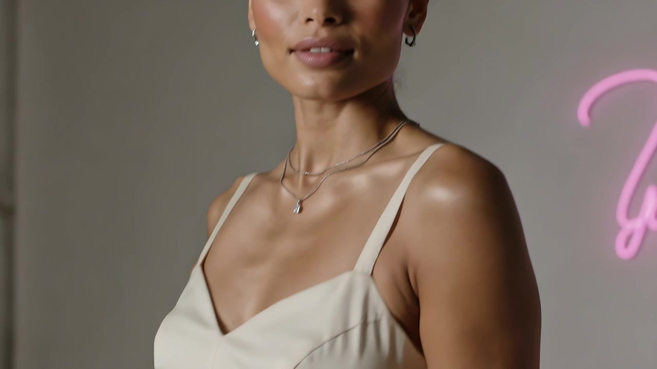 Iniciando um giro, modelo feminina exibindo o caimento de um vestido plissado creme e colares em estúdio para sessão de fotos.