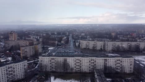 gloomy overcast day over eastern europe post soviet city with apartment buildings