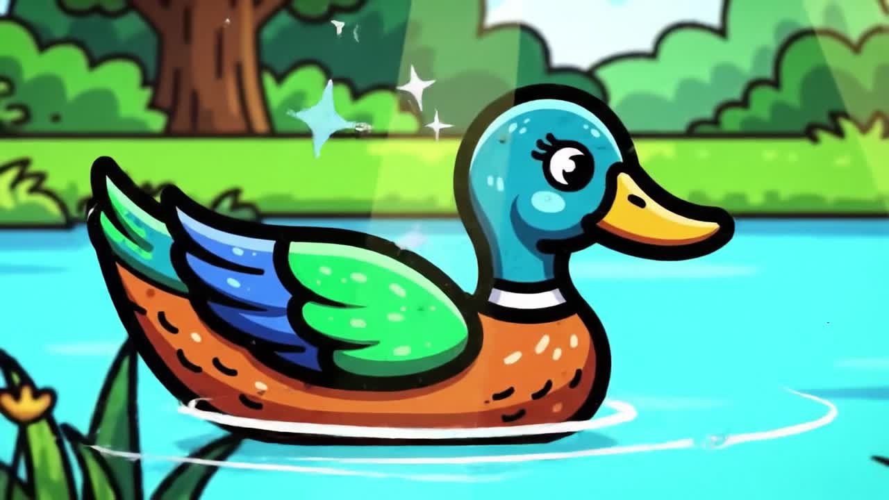 Vibrant Animated Duck Swimming Gracefully in a Colorful Pond Surrounded by Lush Greenery and Bright Flowers, Capturing a Cheerful Spring Vibe