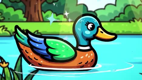 vibrant animated duck swimming gracefully in a colorful pond surrounded by lush greenery and bright flowers, capturing a cheerful spring vibe