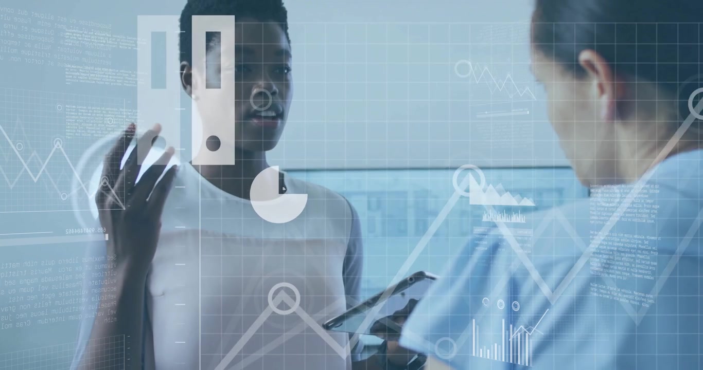 Businesswoman holding tablet discussing data analytics with colleague, animation of graphs over