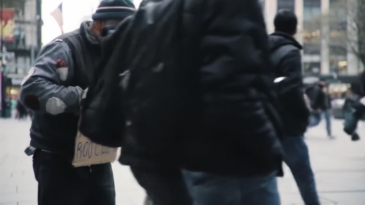 A homeless man stands on a city street preparing his sign as people pass by. The hustle of urban life is evident as pedestrians walk quickly, absorbed in their own activities.