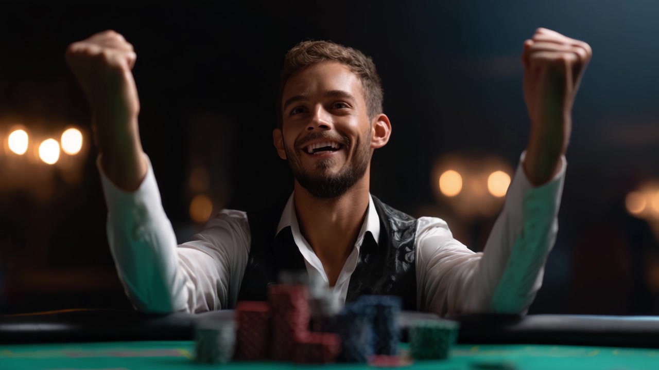 Um momento triunfante capturado na mesa de poker, exibindo a alegria do sucesso em um jogo de sorte, habilidade e emoção, cheio de energia e celebração.