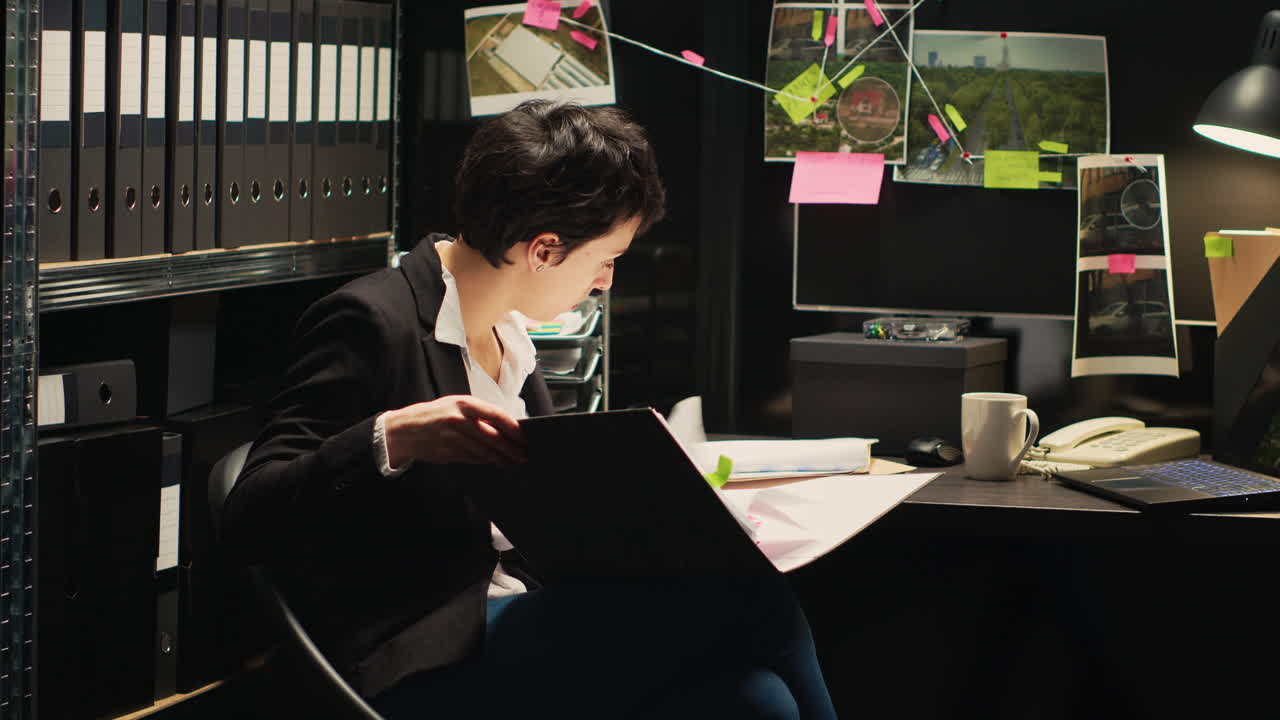 Detective woman working in office looking at case files