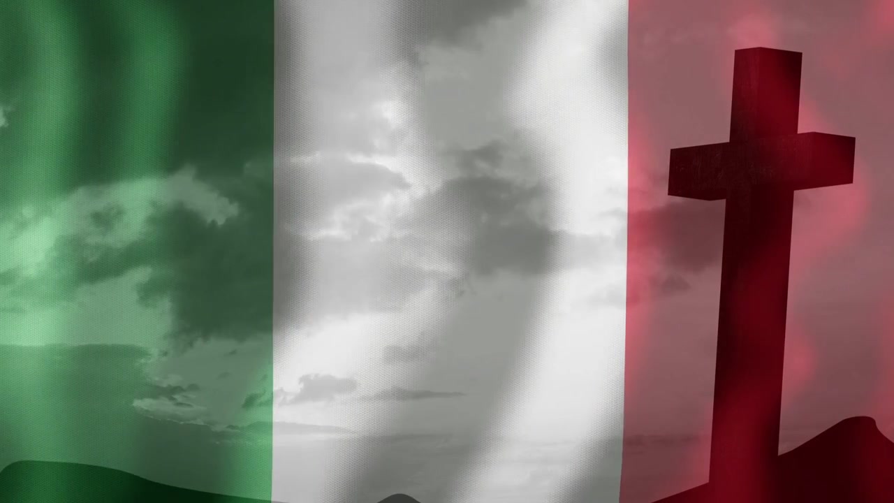 Vento leggero che fa ondeggiare una bandiera tricolore, con bande che si spostano e colorano una croce, creando un ciclo