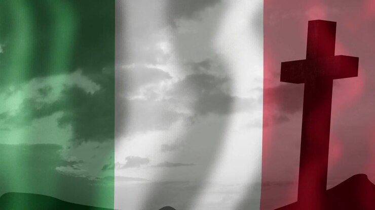 Vento leggero che fa ondeggiare una bandiera tricolore, con bande che si spostano e colorano una croce, creando un ciclo