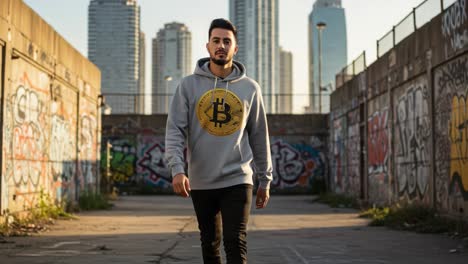 a young man in a bitcoin hoodie walking confidently through an urban graffiti-laden path with skyscrapers in the background, showcasing street style and modern trends