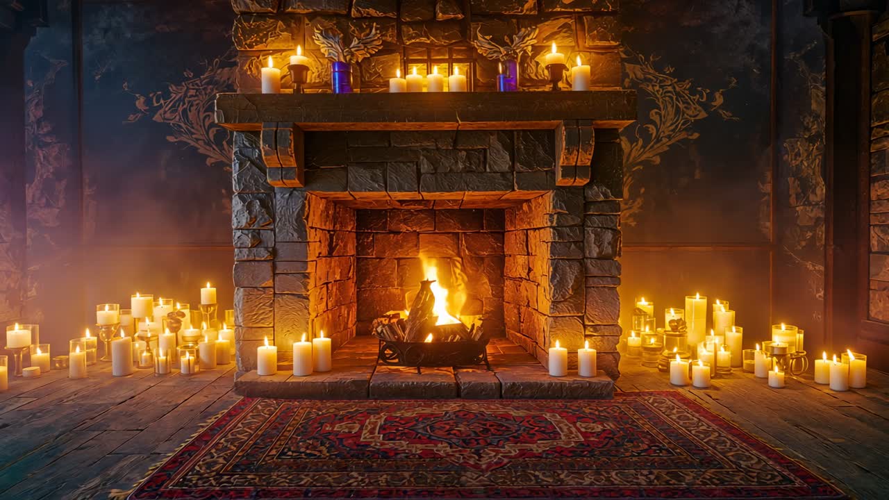 Crackling fire sending flickering glow over stone fireplace at home, pillar candles cobalt bottles