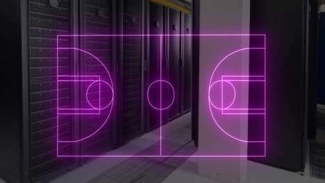 animation of illuminated basketball court drawing over server room in background