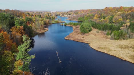 disparo aéreo volando sobre un río con pantano en un día de otoño