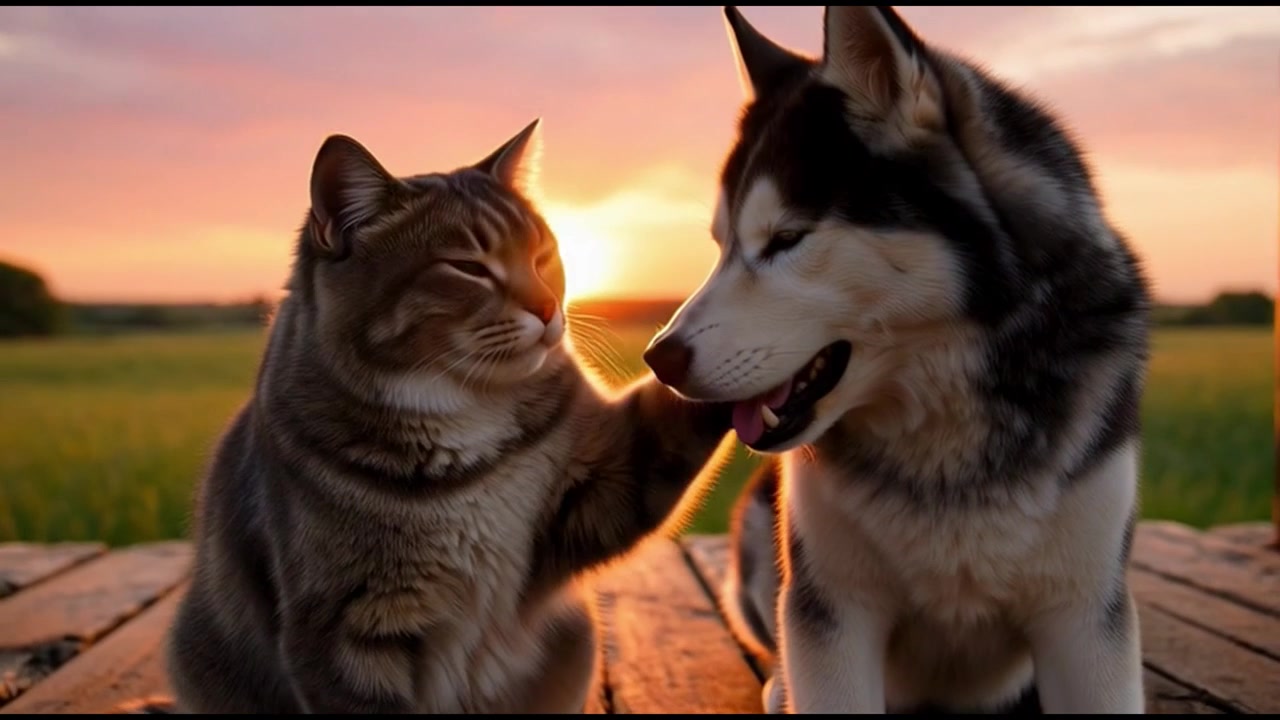 Husky sibérien et chat tigré assis ensemble sur un porche en bois au coucher du soleil