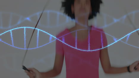 woman demonstrating handheld devices in tech demo, interacting with floating dna helix graphic