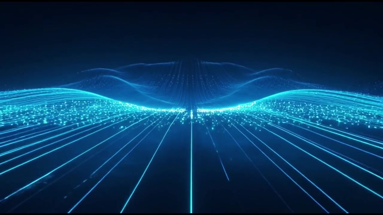 Abstract Digital Wave of Glowing Blue Particles and Data Lines