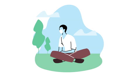 young man wearing medical mask for covid19 prevention seated with lotus position