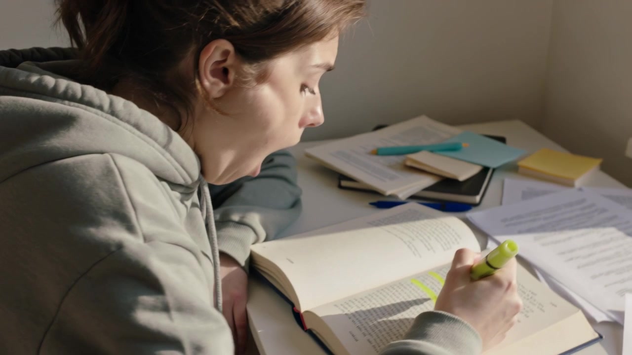 Opening book student in hoodie marking at desk by window holding yellow highlighter feeling tired