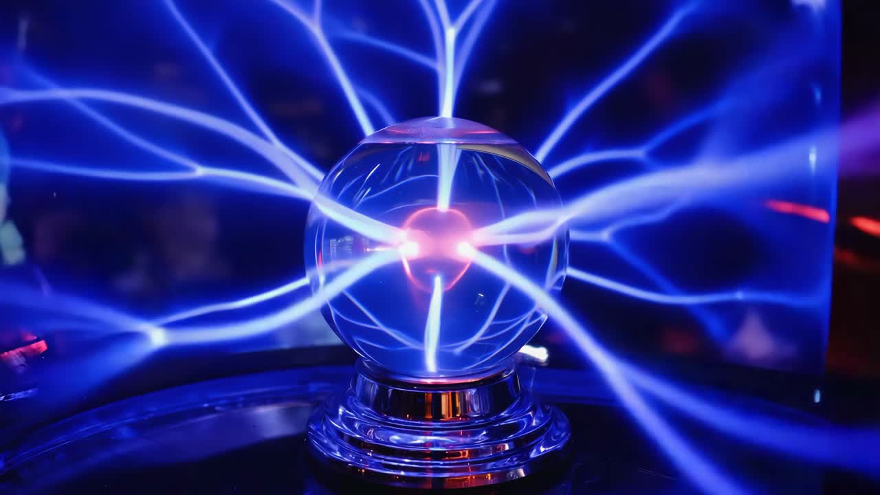 A glowing plasma ball with blue electricity sparks