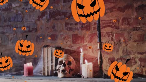 Animación-De-Calabazas-De-Halloween-Sobre-Velas-Y-Calavera-Sobre-Fondo-De-Pared-De-Ladrillo.