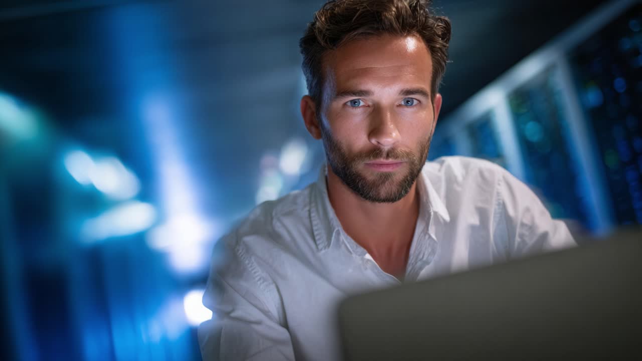Focused Man Working on Laptop in a Dimly Lit Environment with Data Servers in Background, Capturing the Essence of Modern Technology and Concentration