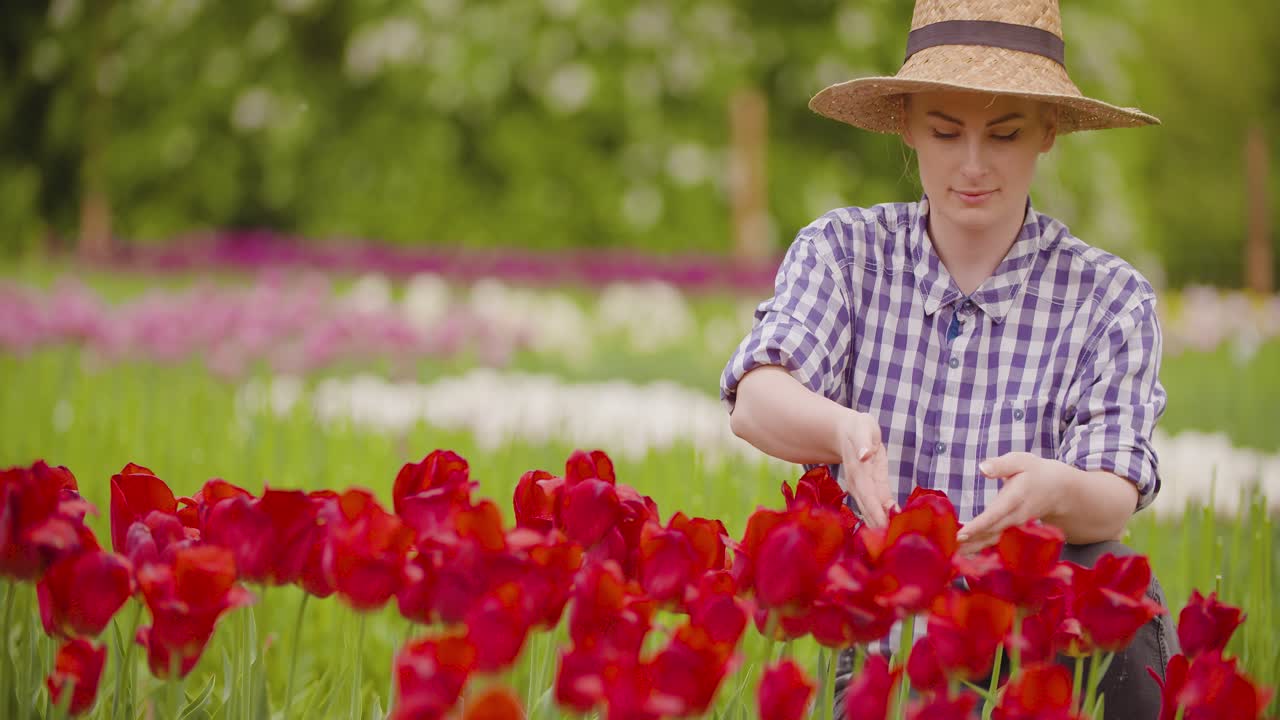 investigadora caminando mientras examina tulipanes en el campo 47