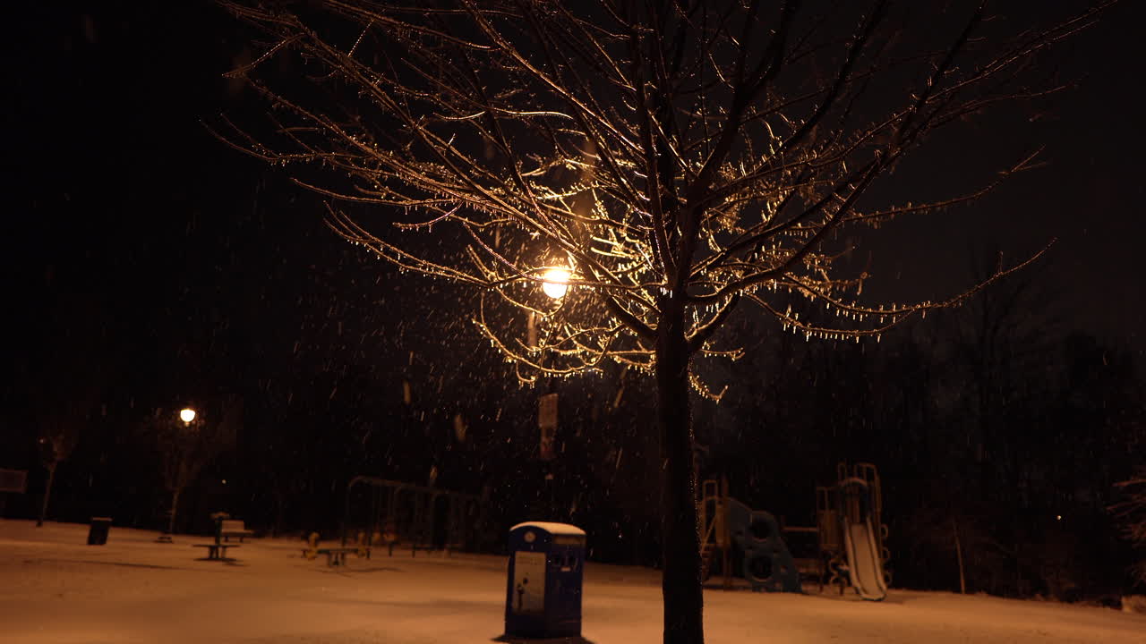 parque tranquilo por la noche con nieve y árboles cubiertos de hielo después de la lluvia helada