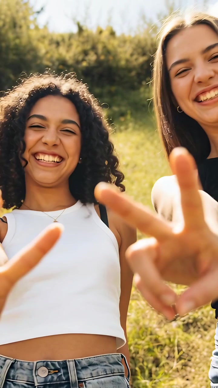 Video verticale: due amici adolescenti che bloccano l'obiettivo, giocano a fare il segno della vittoria allontanandosi su una collina, con un top corto bianco.