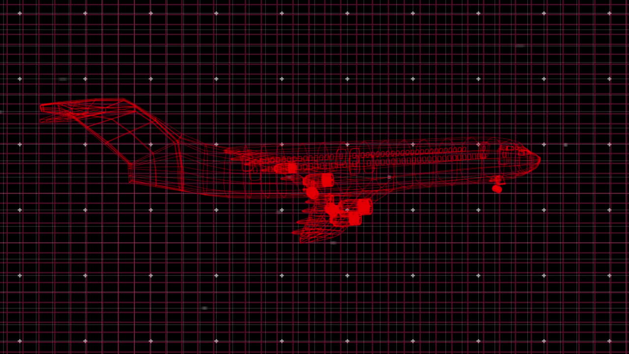 그리드에서 회전하는 3d 비행기 드로잉의 애니메이션