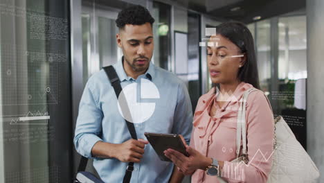 animation of financial data processing over diverse business people in office