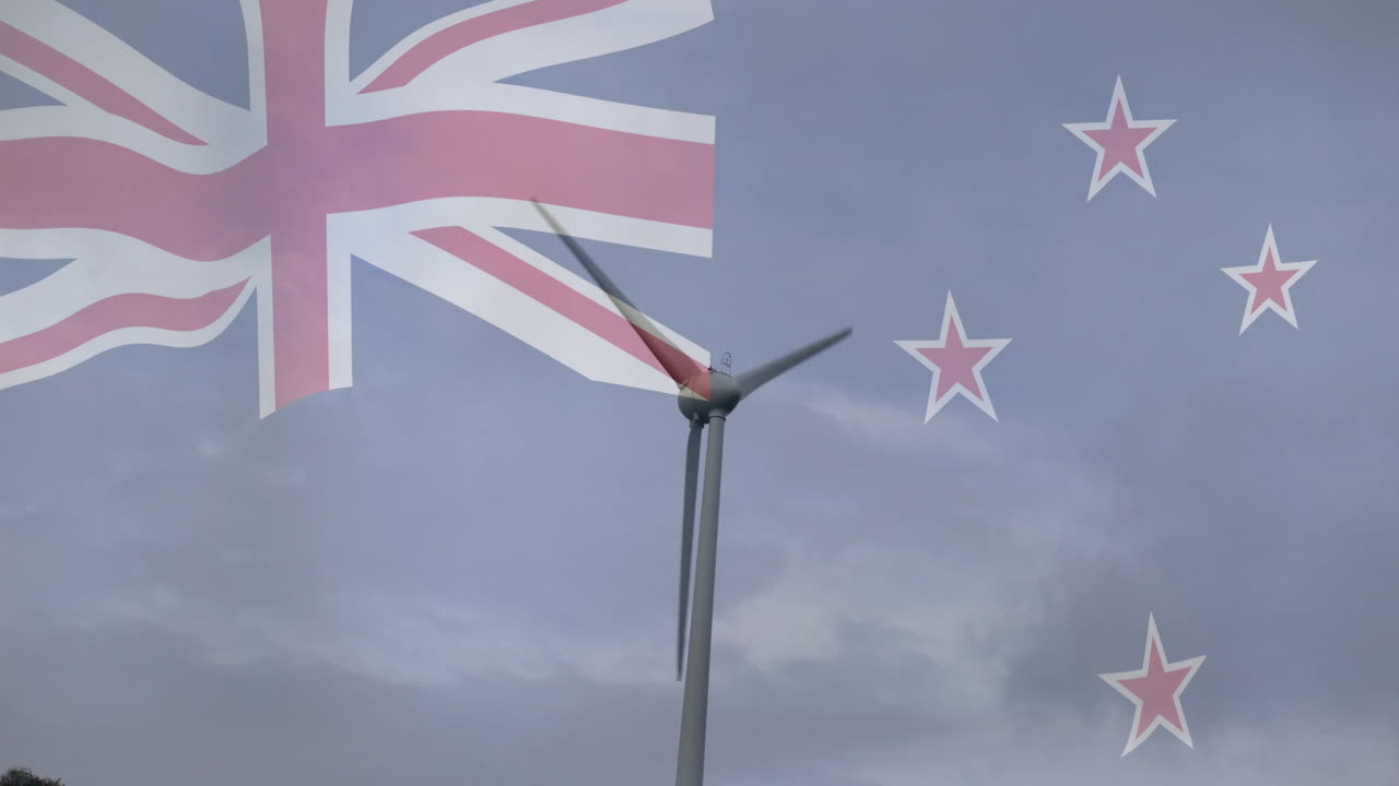 Spinning wind turbine with New Zealand flag in cloudy sky animation