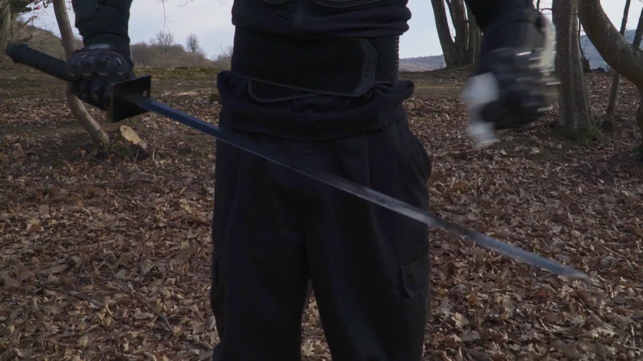 A dark-clad ninja meticulously cleans his katana amidst a serene forest of fallen leaves and ambient light, exuding calm martial precision—perfect for action, martial arts, and dramatic storytelling.