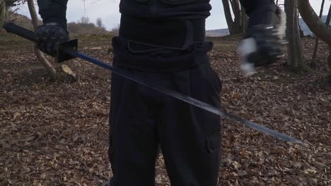 a dark-clad ninja meticulously cleans his katana amidst a serene forest of fallen leaves and ambient light, exuding calm martial precision—perfect for action, martial arts, and dramatic storytelling.