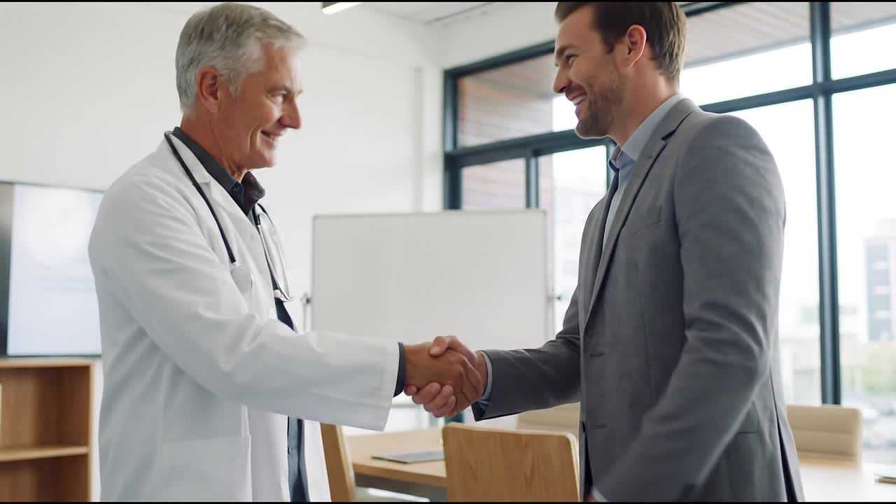 Médico cumprimentando empresário com um aperto de mão durante consulta dentro de um moderno consultório médico.