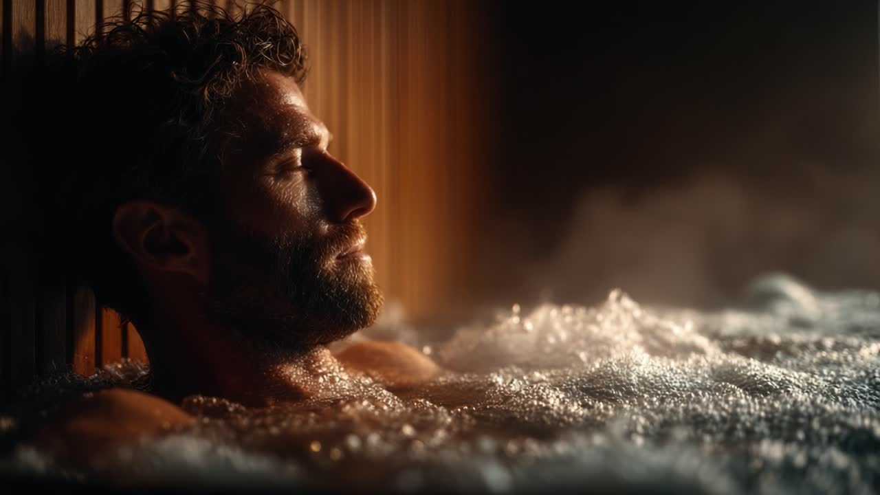 Relaxation and Serenity in a Spa: A Journey Through Mindfulness and Renewal as a Man Enjoys the Warmth and Tranquility of a Bubbling Hot Tub