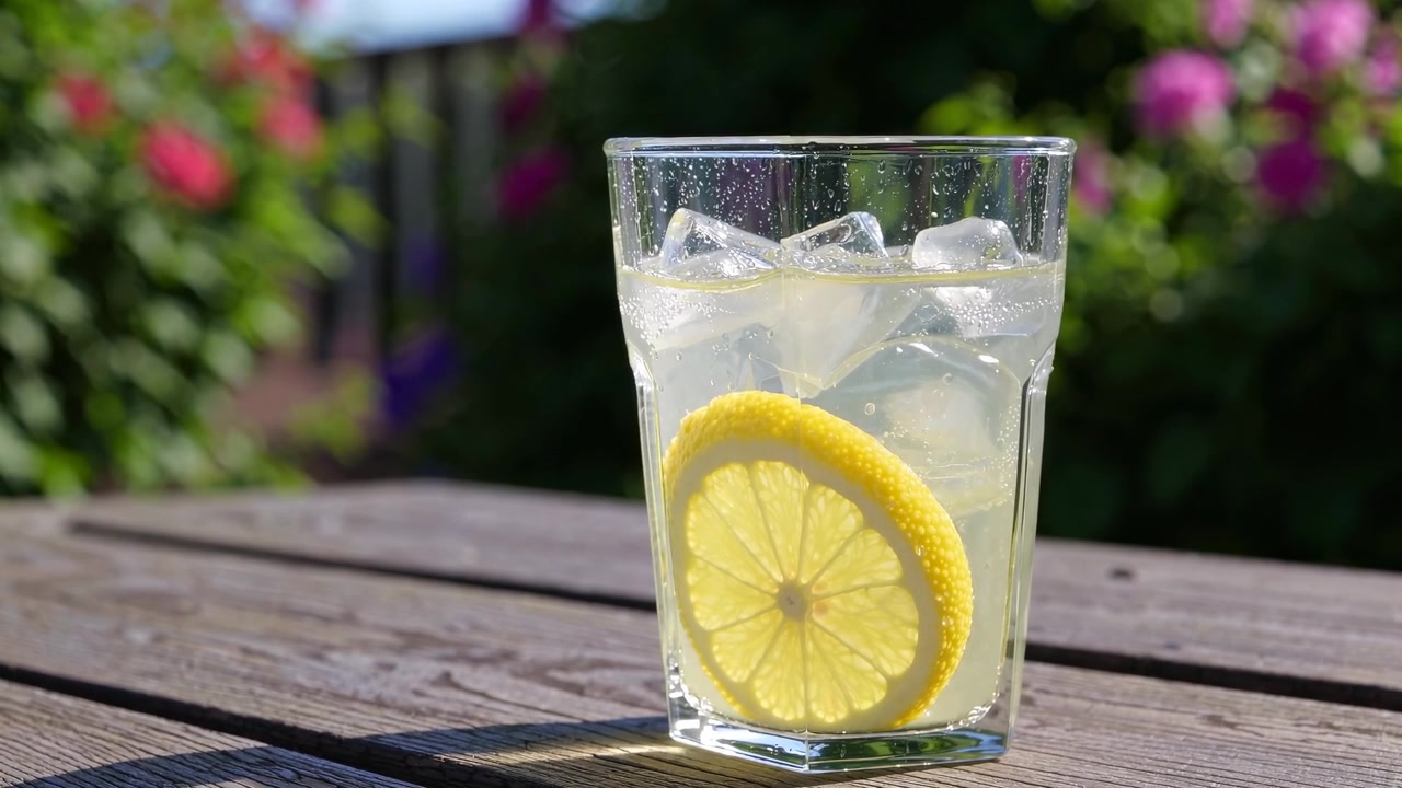 Limonata Rinfrescante con Ghiaccio e Fetta di Limone su Tavolo di Legno Esterno