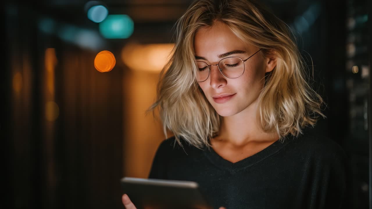 Uma jovem absorta em seu tablet em uma passagem mal iluminada, mostrando a tecnologia moderna e o ambiente relaxante em um cenário urbano