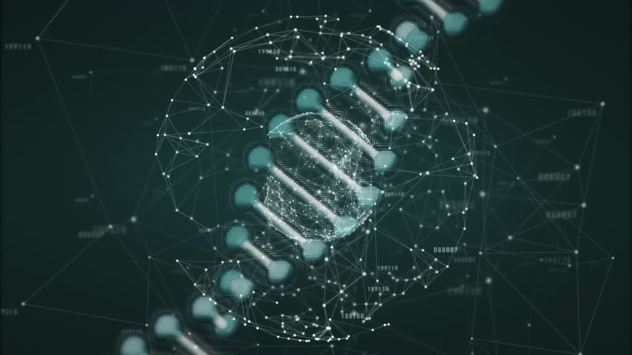 DNA strand and network connections, scientific data processing animation
