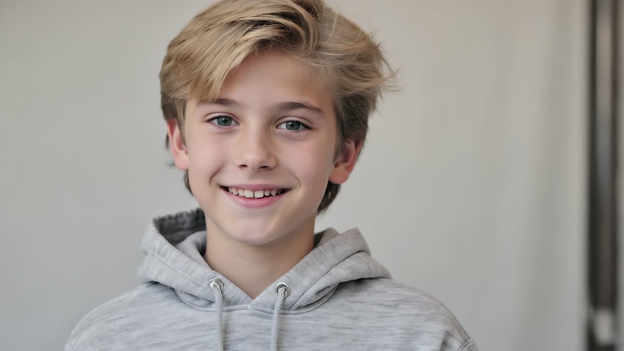 Young blond haired boy in gray hoodie standing confidently, radiating cheerful expression while looking directly at camera against clean white studio background