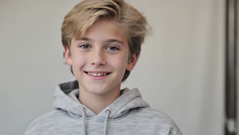 young blond haired boy in gray hoodie standing confidently, radiating cheerful expression while looking directly at camera against clean white studio background