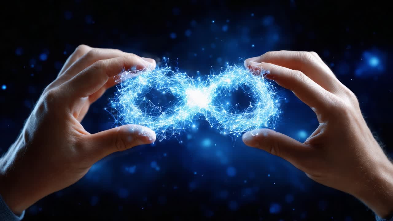 A Visual Representation of Infinity with Hands Cradling a Bright, Glowing Symbol of Endless Possibilities and Connections in a Starry, Cosmic Background