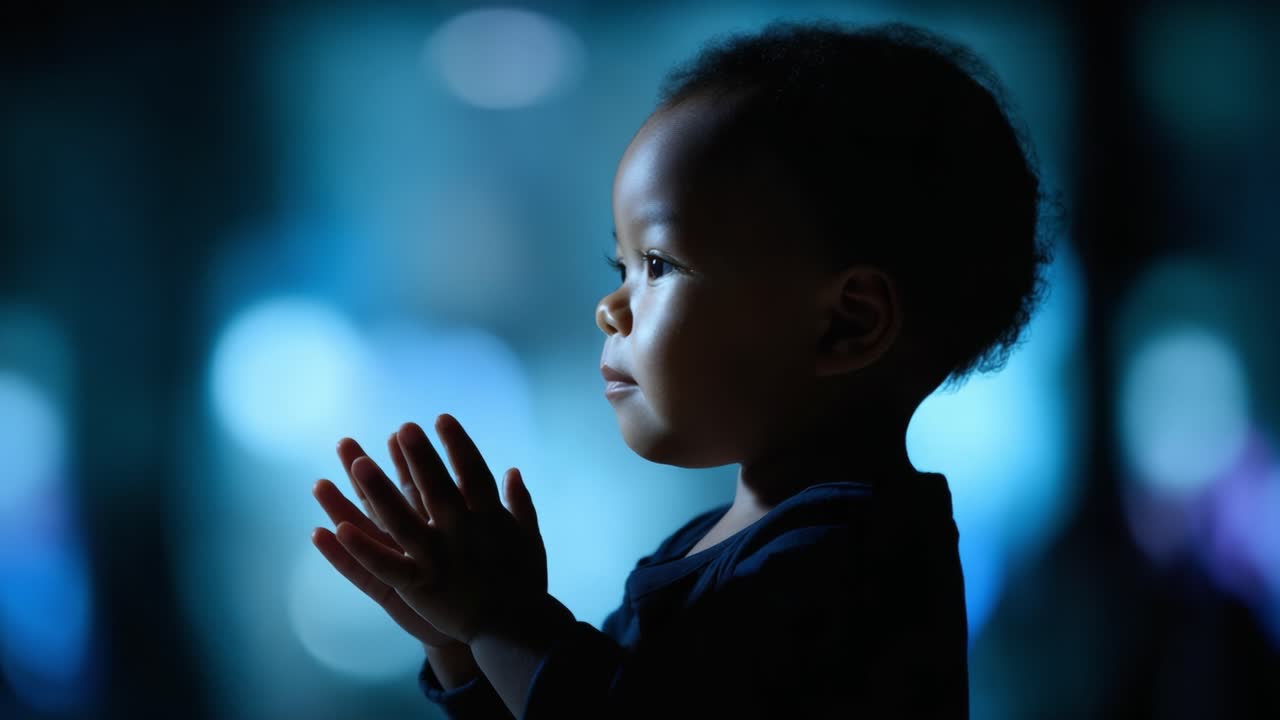 A Thoughtful Child Gazes Into the Distance, Hands Together in Wonder, Surrounded by a Soft Blue Light, Capturing a Moment of Innocence and Curiosity