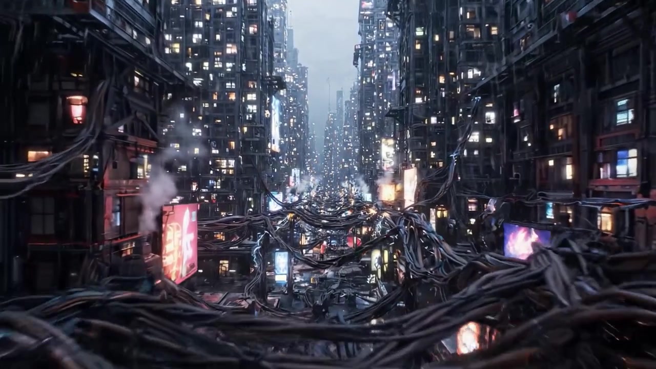 Cyberpunkowy Krajobraz Miejski: Surowy, Szczegółowy Widok Dystopijnego Miasta Pełnego Neonowych Świateł, Miejskiego Rozkładu i Nieskończonych Zawiłości Technologicznych