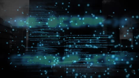 animación del procesamiento de datos y puntos de luz sobre el paisaje urbano.