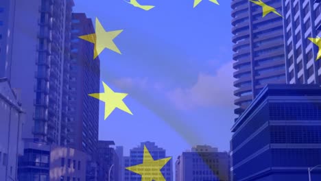 animation of flag of european union over high rise buildings in modern cityscape