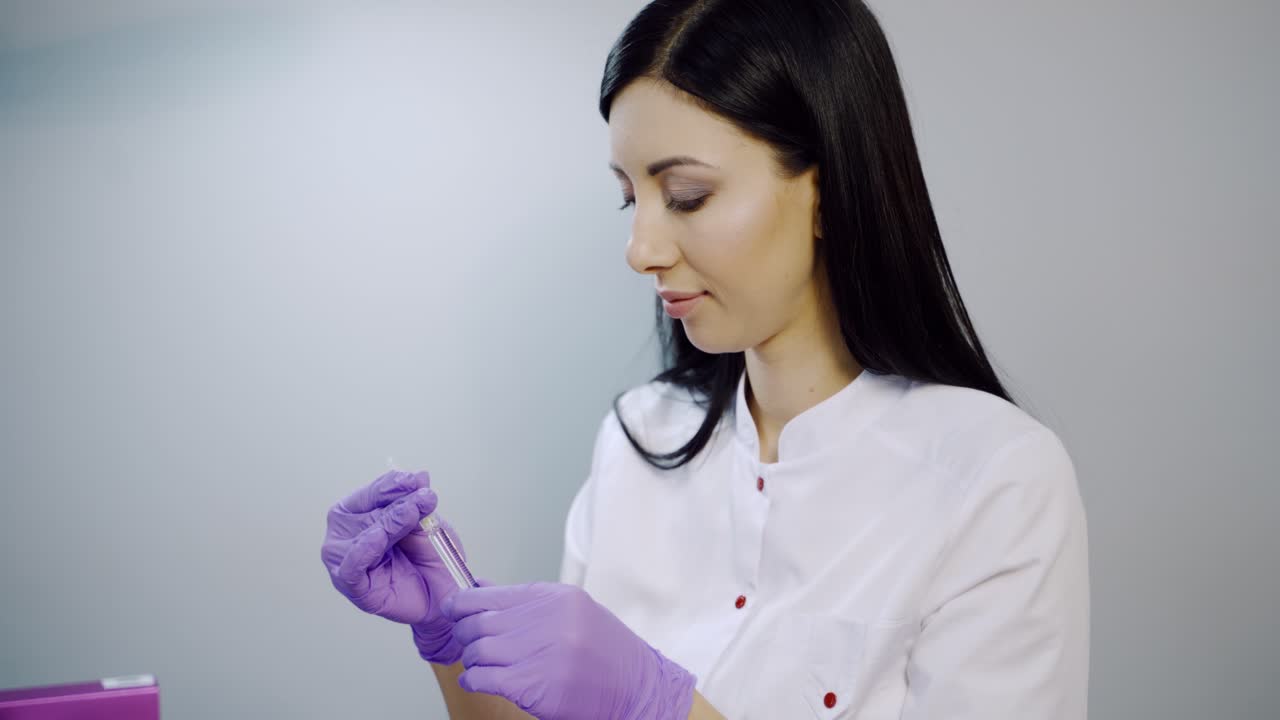 A cosmetologist prepares a syringe for beauty injections in the salon. Botox. Rejuvenation procedure