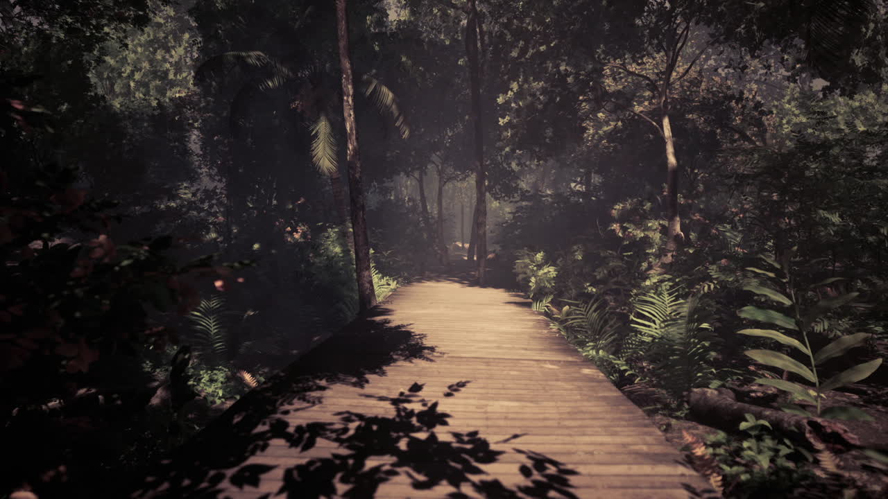 Exploring a tranquil wooden pathway through a dense tropical forest